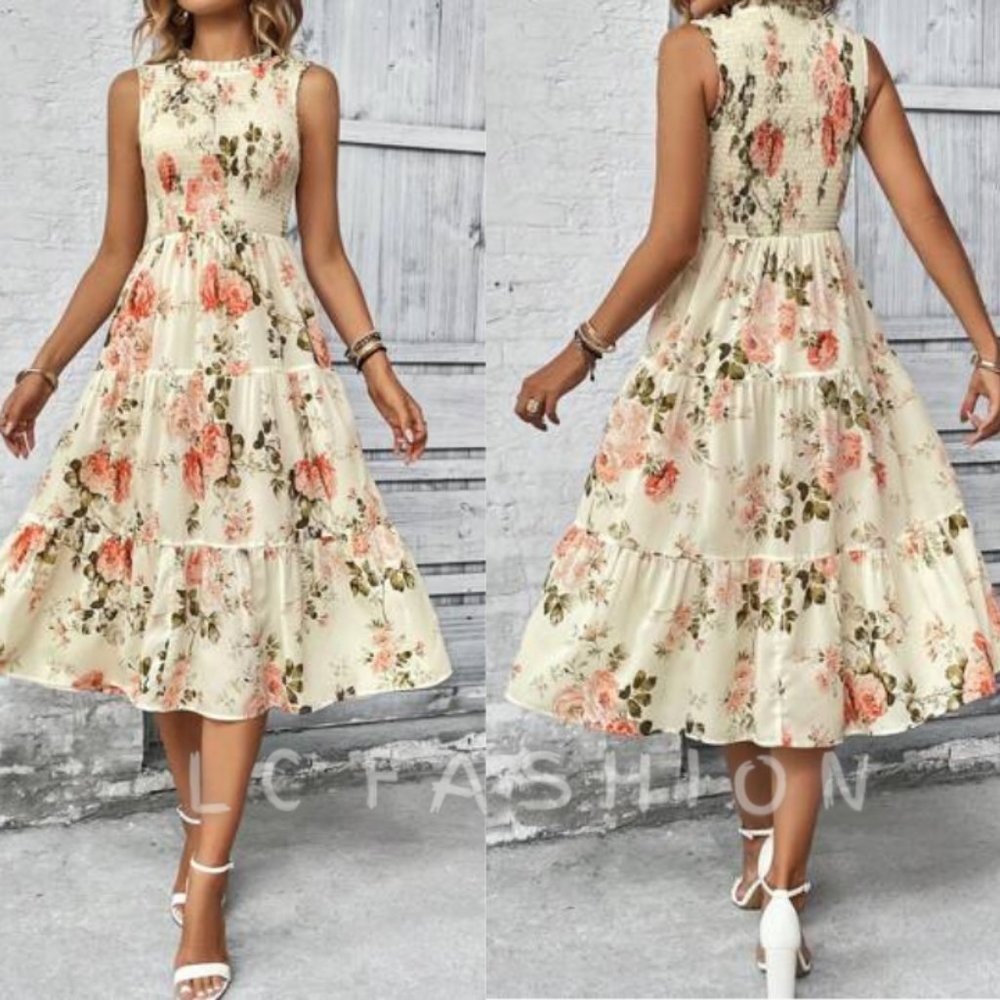 Boho Dress, Floral Print Ruffle Hem Dress, summer dress